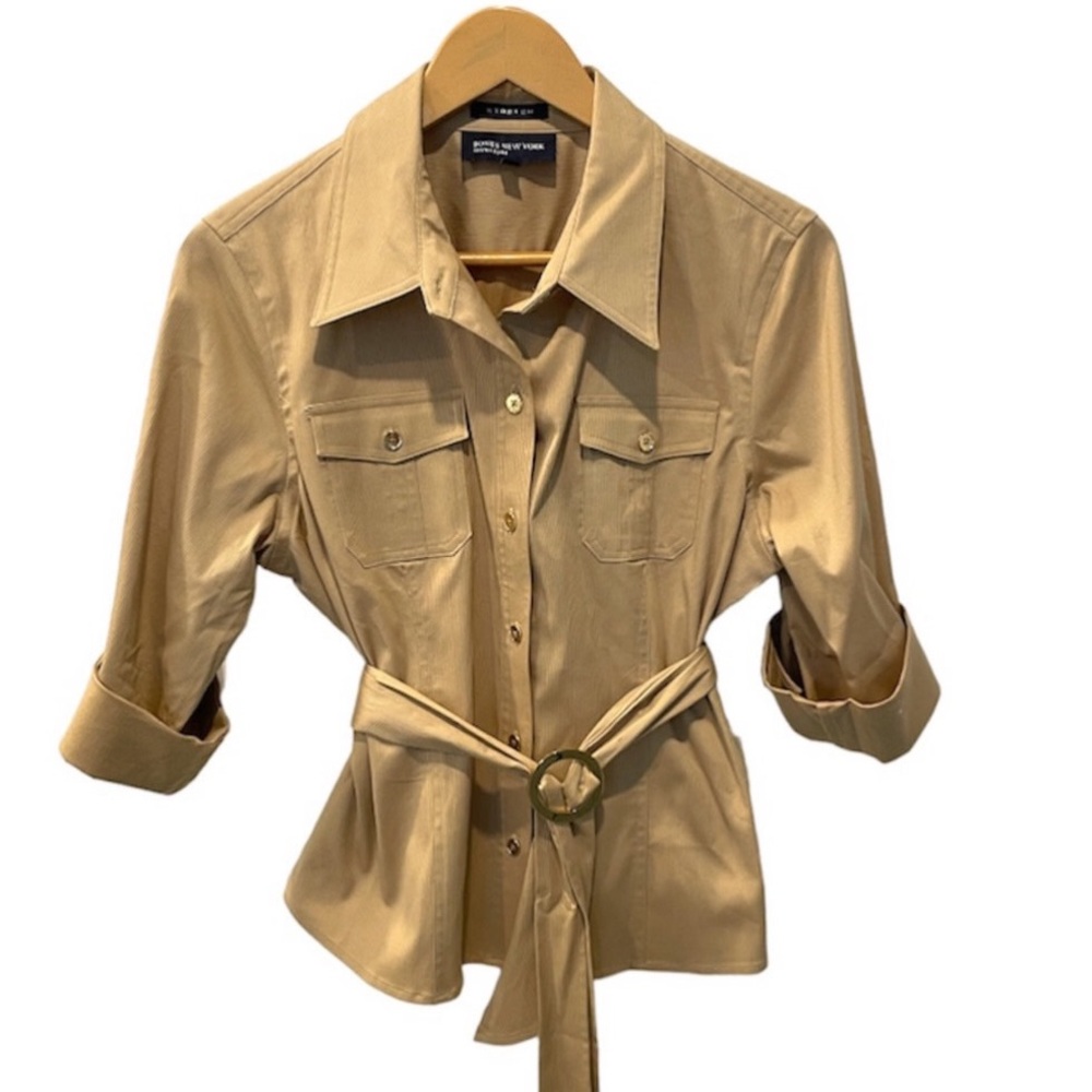 NWT Jones New York Beige Gold Belted Shirt Top Blouse Size Large